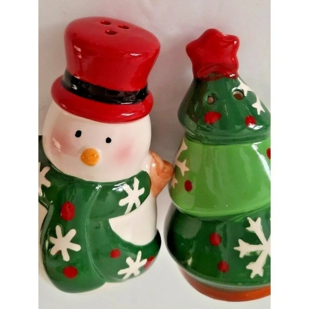 Vtg Boston Warehouse Santa Spreaders 12-128 & Snowman Tree Salt Pepper Shakers